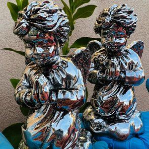 Vintage Silverplated Praying Pair Angel Cherub Candle Holder Statue Set of 2